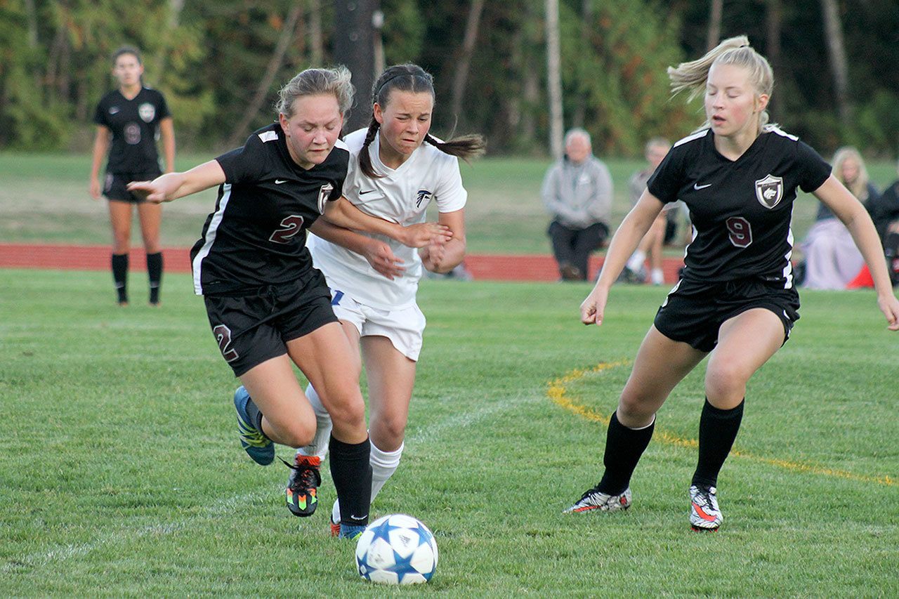 Evan Thompson / The Record South Whidbey freshman Allison Papritz chases after a ball during a match against Cedarcrest on Sept. 28. Papritz is among several other freshmen who contributed to the Falcons’ girls soccer team this season.