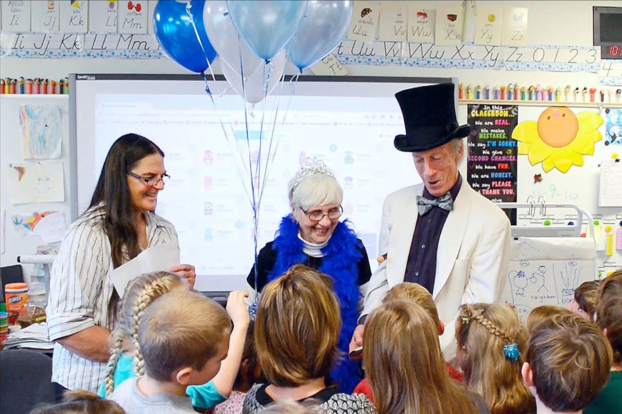 Contributed photo                                Jean Shaw (center) of the South Whidbey Schools Foundation and Jim Freeman (right) visited classrooms in the South Whidbey School District to award 13 classroom grants. In this picture, Shaw and Freeman visited South Whidbey Elementary School teacher Sharla Matthew&rsquo;s class.