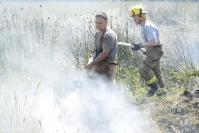 Firefighters Eldon Baker and Jon Gabelein spread cooling water on a brush fire near S. Robinson Road in Freeland on Tuesday.