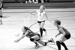 Allison Wood makes a hard dive in the second of five games against the Lakewood Cougars on Oct. 2 in Erickson Gym. The girls came close in a 15-12 tie breaker fifth game but lost 15-12. The girls recovered and won against Coupeville Thursday. They host Sultan at 7 p.m. on Tuesday
