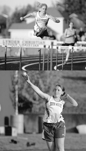 (Top) Freshman Becky Gabelein glides over a hurdle early in her 300-meter race. She finished second with a time of 49.57 seconds. (Below) Part of a successful Falcon throwing crew