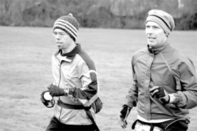 Bill Cusworth and Frank Jacques do a little pre-race warm-up before the Chuckanut 50K Saturday.