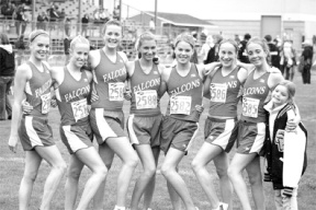 The Falcon cross country girls team strikes a pose minutes after taking third place at District 1 Championship Saturday. From left: Cassie Bosman