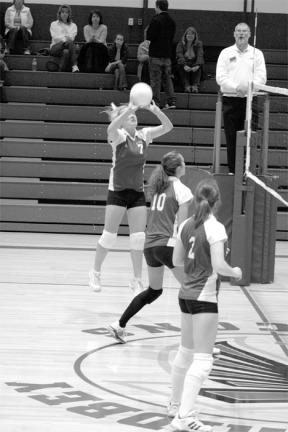 Lindsey Newman intercepts the ball in Game 3 against the Bellingham Raiders Oct. 30 in Erickson Gym. The Falcons lost the crossover contest and are done for the season.