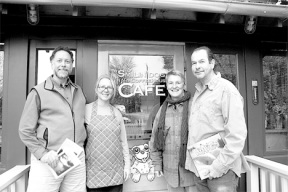 Sponsors of the new monthly Whidbey Island author readings stand together with the first two authors