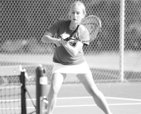 Falcon freshman Leah Hughes fires back at her Coupeville opponent April 18. Next year