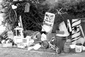 This pile of junk was collected by John Auburn and piled in front of his Timberline Road home in Clinton as a protest to neighbors who don’t keep their front yards clear of debris and junk cars.