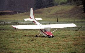 This two-seat plane sits in a Midvale Road pasture Monday where it was landed Sunday by a Seattle student pilot after it reportedly developed engine trouble.