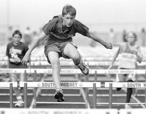 Langley Middle School seventh grader Eric Stallman makes his South Whidbey debut in the 100 hurdles a good one