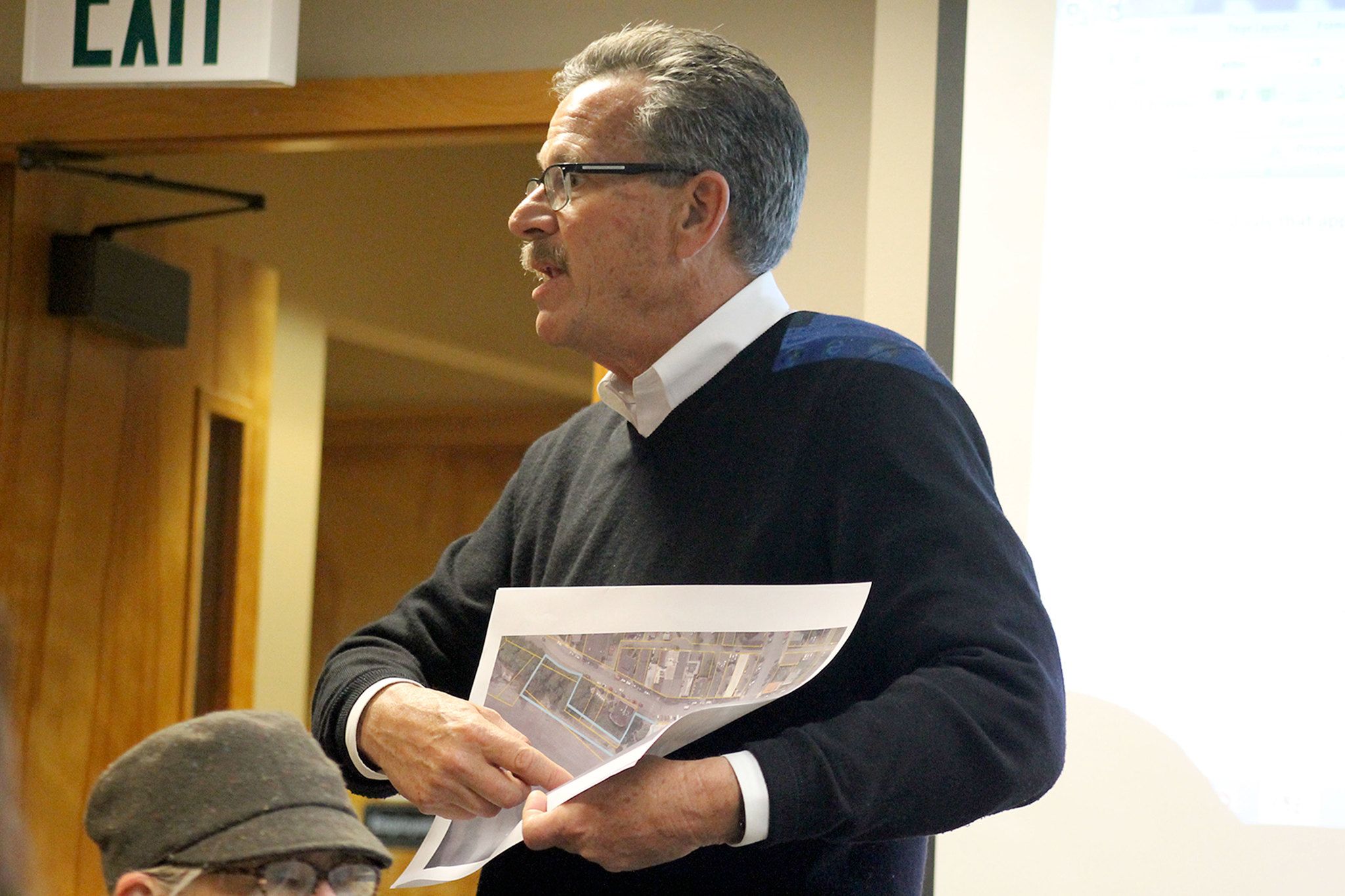 Evan Thompson / The Record                                Langley Mayor Tim Callison points out the boundaries of Seawall Park on a map of the area during a community discussion on Wednesday night at Langley City Hall.