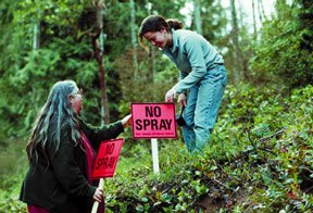 Marianne Edain and Laura Smyth place ‘No Spray’ signs at Edain’s Clinton home. Hundreds of South Whidbey residents spoke out against Island County’s herbicide spraying program this year