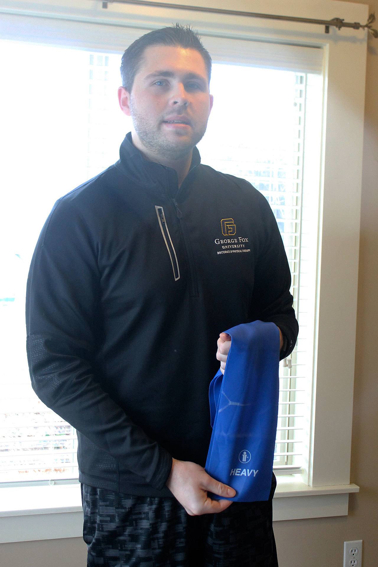 Evan Thompson / The Record &mdash;                                 Craig Hawkinson will use TheraBand for his work in Uganda. TheraBand is used to strength the upper and lower extremities.