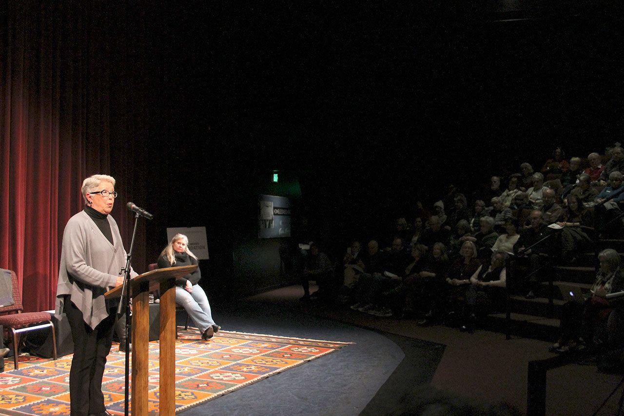 Kyle Jensen / The Record                                Faith Wilder, president of Whidbey Homeless Coalition, speaks in front of a crowded WICA main stage.