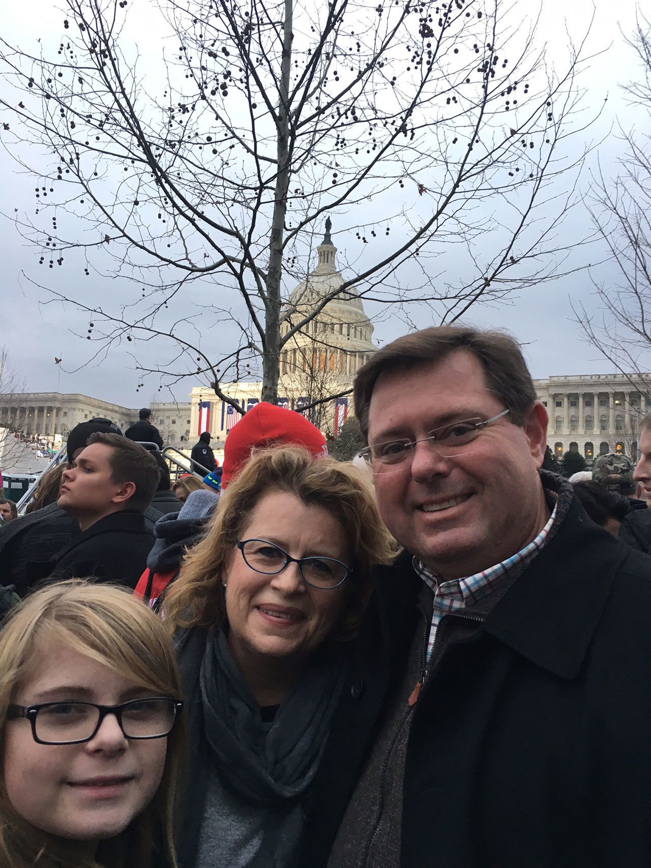Contributed photo &mdash;                                Langley residents Rich Bacigalupi, his wife Carol Griswold, and their daughter, 13-year-old Kelsey Griswold-Bachigalupi pose for a picture in the National Mall at the capital during the inauguration of Donald Trump on Friday as the 45th president of the United States. Rich Bacigalupi was the volunteer manager of the Trump campaign in Island County.