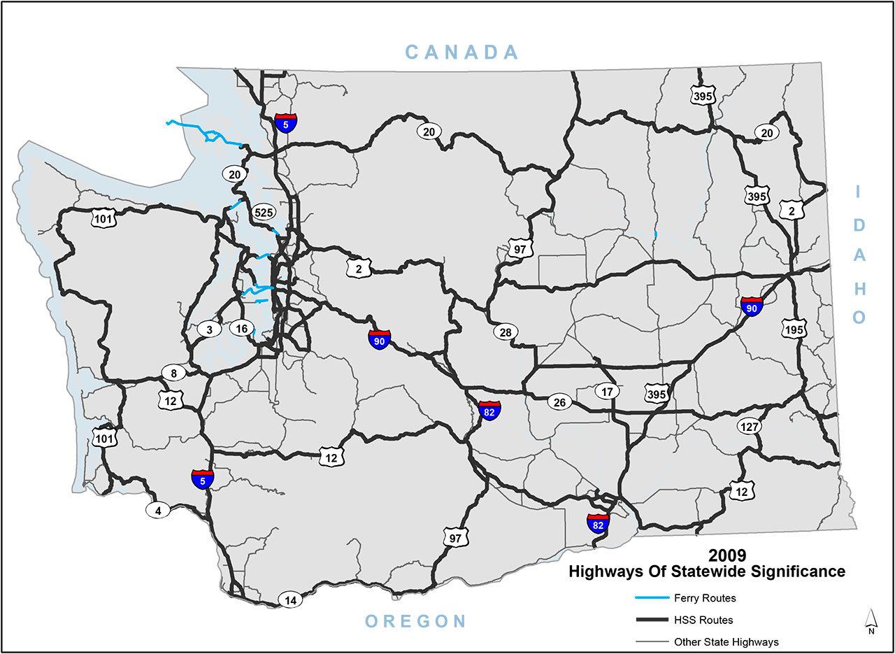 A proposal to replace or augment the state’s gas tax for road improvements and construction is getting a test-drive by the Department of Transportation. All roads are affected. The map shows Washington’s major state and interstate highways.