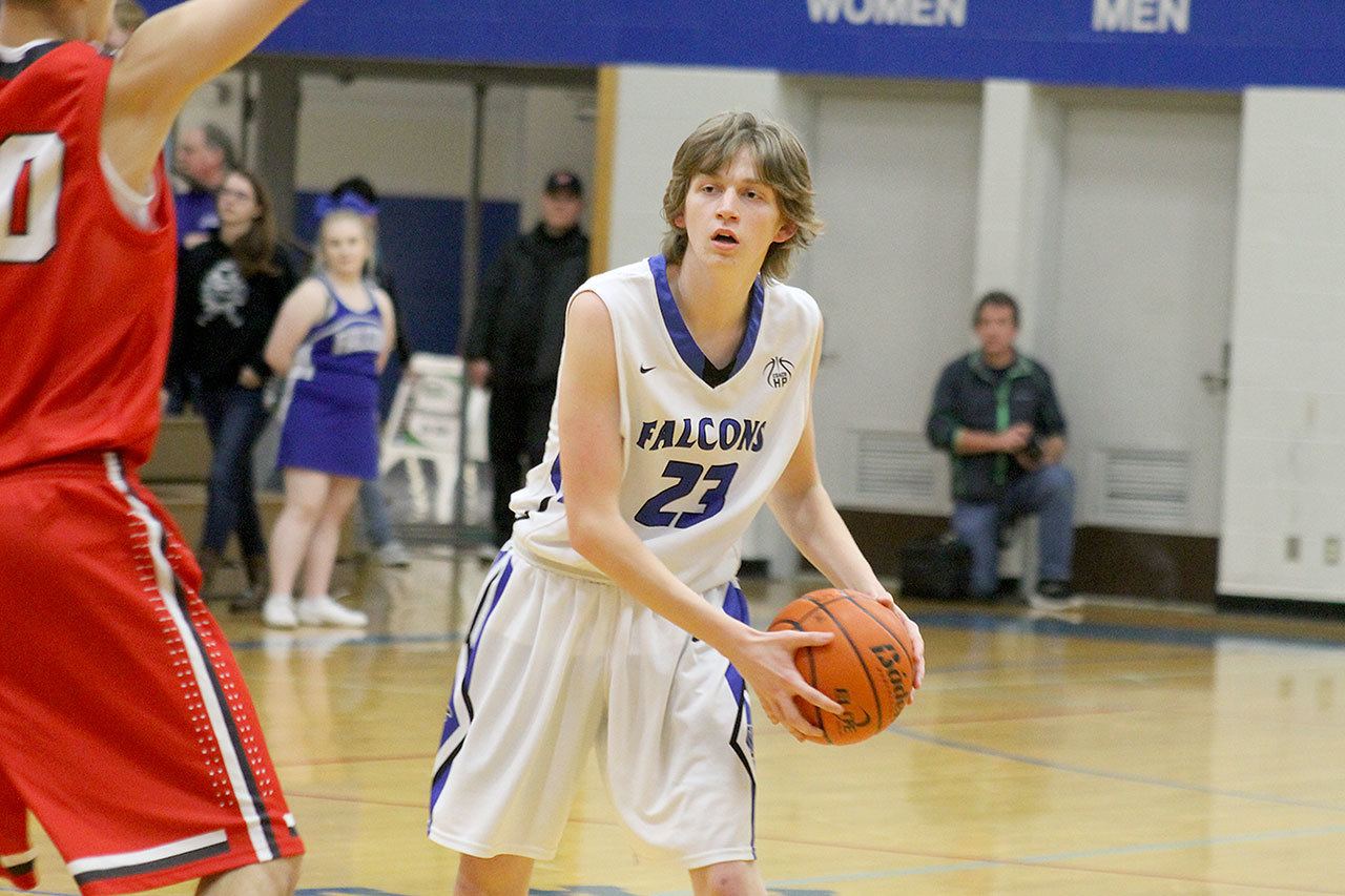 Evan Thompson / The Record &mdash; South Whidbey senior Kellen Boyd led the Falcons with 14 points in a 63-50 loss to King&rsquo;s on Friday night at Erickson Gymnasium.