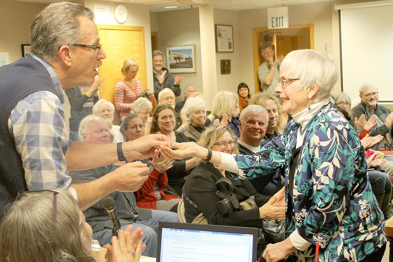Evan Thompson / The Record &mdash; Jean Shaw was awarded a Mayor&rsquo;s Excellence Award pin at the Langley City Council&rsquo;s Jan. 17 meeting at City Hall.