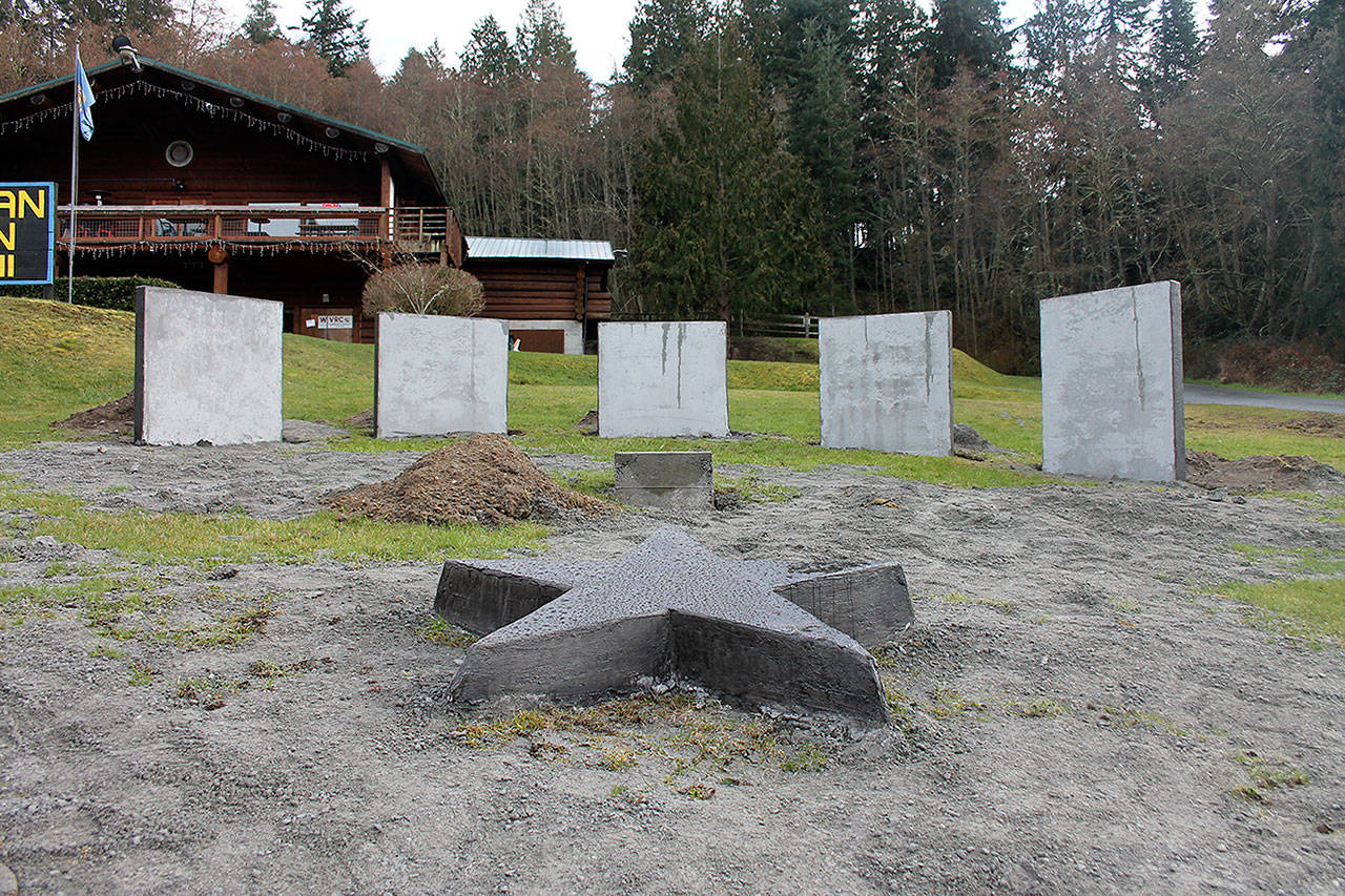 Kyle Jensen / The Record — The memorial for Whidbey Veterans is under construction. The five pillars represent “the major wars,” and the names of those lost in each war will be etched on the respective pillars.