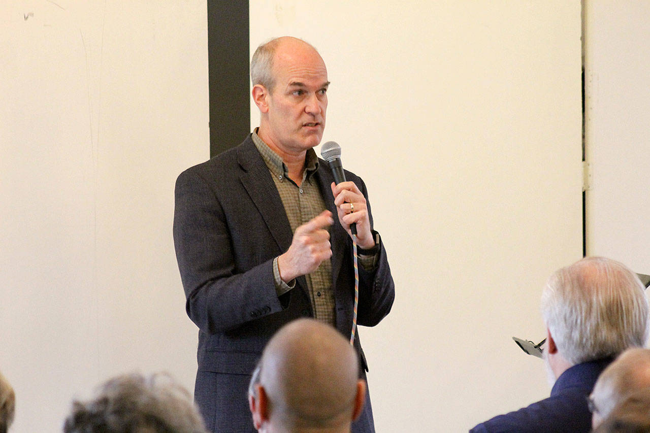 Evan Thompson / The Record — Congressman Rick Larsen answered questions about the Affordable Care Act, growler jets at Coupeville Airpark and other assorted issues at a town hall talk on Saturday at Langley United Methodist Church.