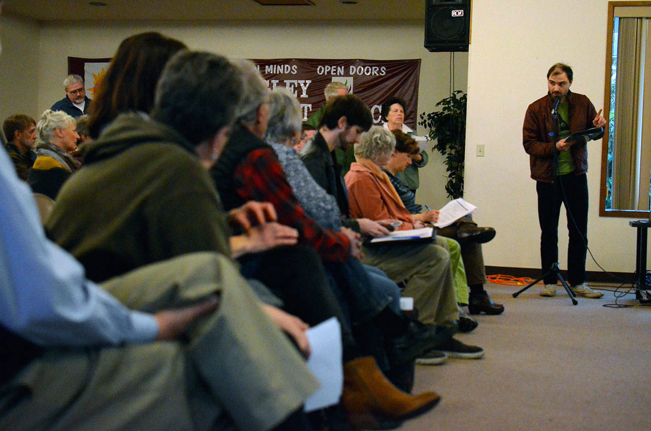 Justin Burnett/The Record — Matt McDowell speaks during Monday’s Langley City Council meeting at the United Methodist Church concerning two proposals: an inclusive city resolution and a draft sanctuary city ordinance. The resolution was adopted and the ordinance remains under consideration.