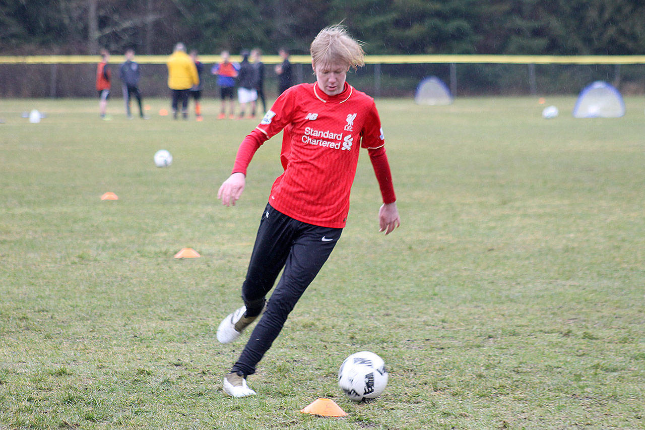 Evan Thompson / The Record &mdash; Oliver Lauritsen, a foreign exchange student from Denmark, recently joined South Whidbey&rsquo;s boys soccer team this spring and will help the Falcons&rsquo; attack as a midfielder.