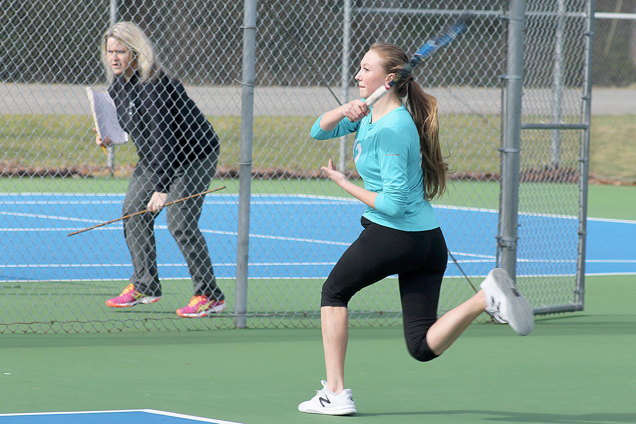Evan Thompson / The Record — South Whidbey girls tennis sophomore Mary Zisette returns a volley from her teammate at a recent practice on one South Whidbey High School’s tennis courts.