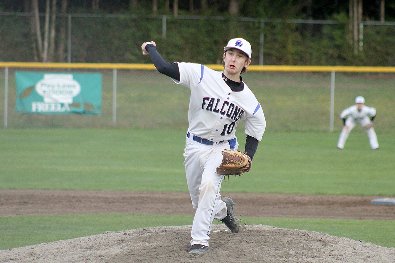 Evan Thompson / The Record — South Whidbey pitcher Mitchell Grady throws from the mound against Cedar Park Christian on Wednesday afternoon. Grady held the Eagles to only one run through the first four innings.