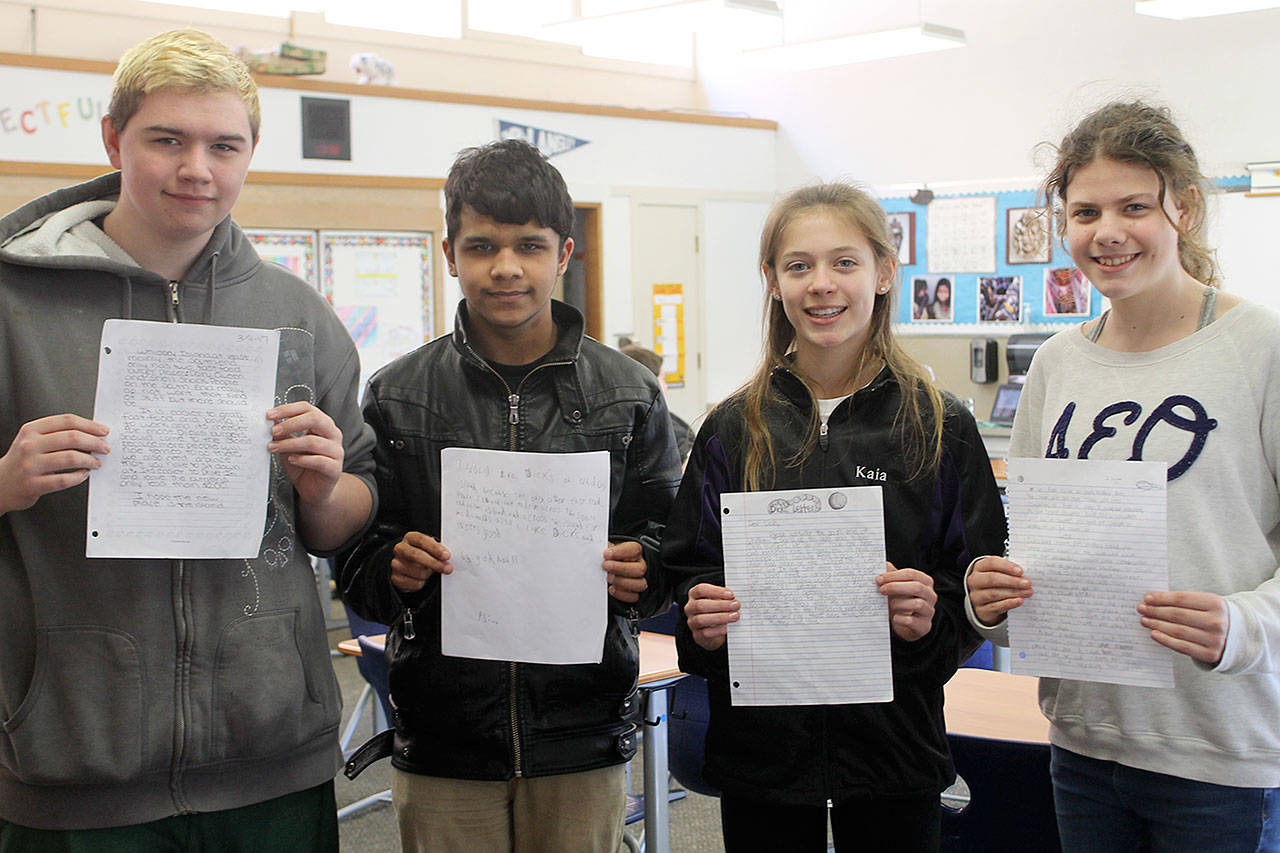 Evan Thompson / The Record — Langley Middle School students in Jack Terhar’s current events class took part in a class project and letter writing campaign to advocate that Dick’s Drive-In build their newest restaurant on South Whidbey. From left to right: Jacob Freels, Maalik Heino, Kaia Swegler Richmond and Felicity Watson.