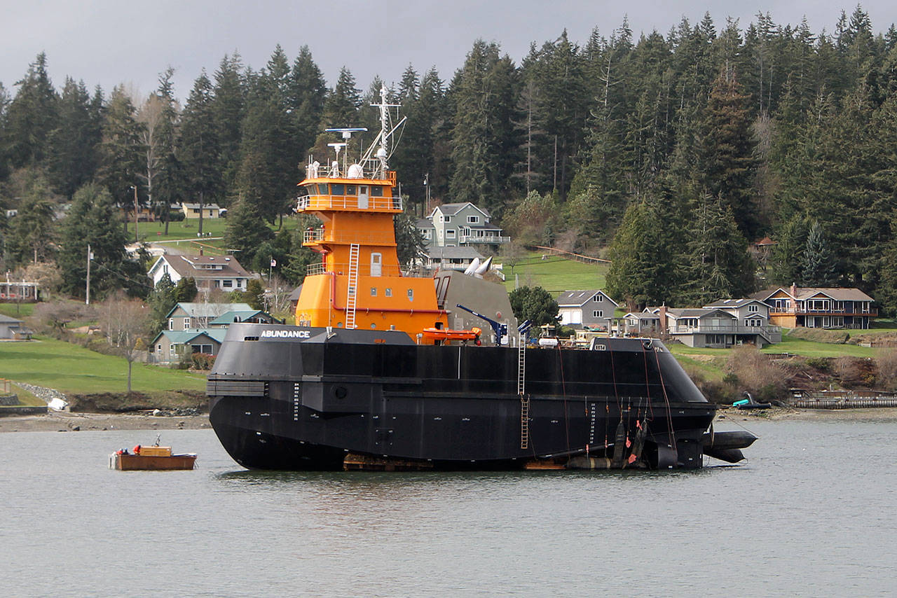 Kyle Jensen / The Record — Nichols Brothers most recently completed vessel, an articulating tug barge named S-182 Abundance, launched from the boat yard on Tuesday. It’s the heaviest vessel to launch from the boat yard in “a long time.”