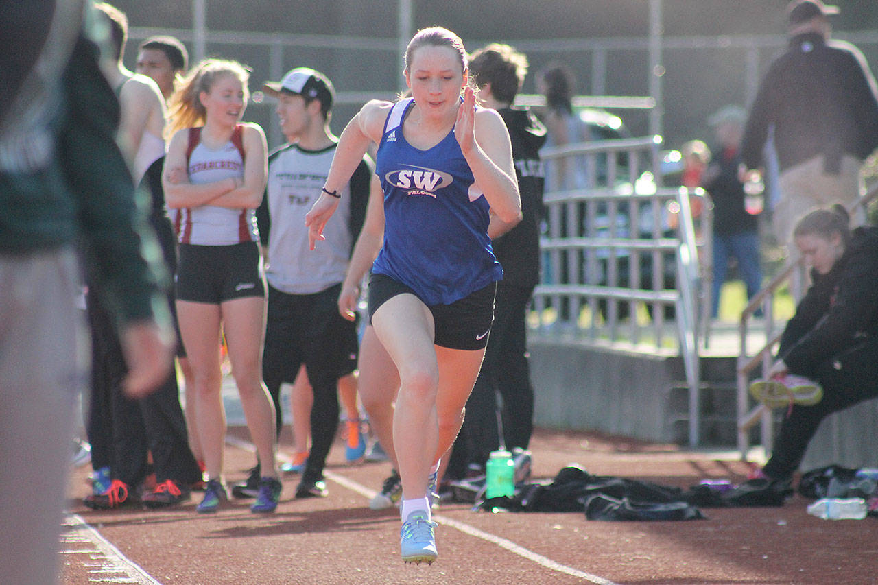 Evan Thompson / The Record — Falcon senior Chloe Hood placed fifth in the long jump with a mark of 13 feet, 9.5 inches.