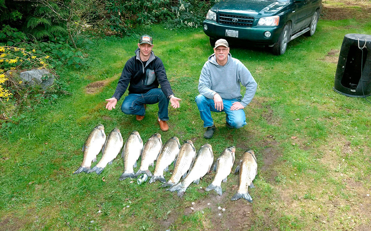 Contributed photo — Contributed photo Bow fishermen Jay Johnson and Dylan Zugschwerdt stand by the nine grass carp they shot at Lone Lake on Saturday night and Sunday morning.
