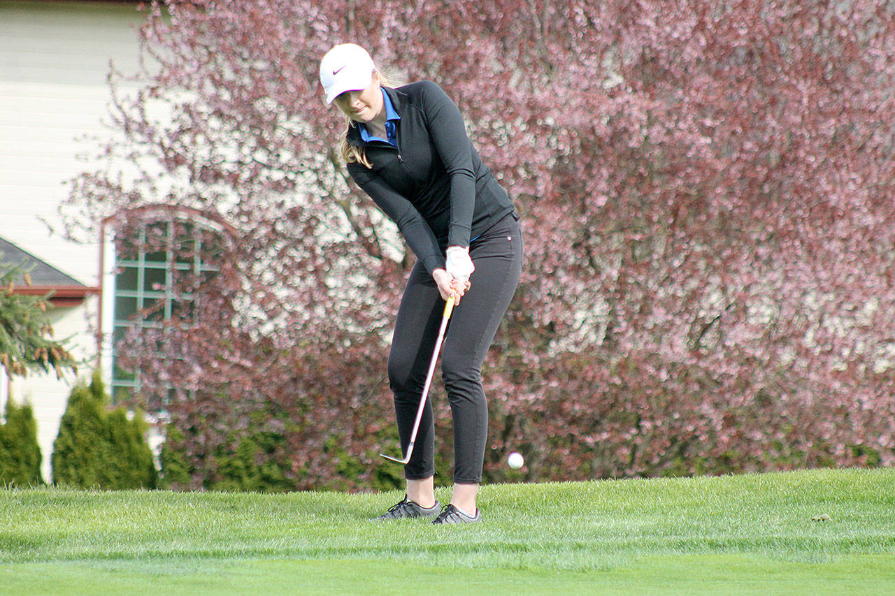 Evan Thompson / The Record &mdash; South Whidbey junior Kolby Heggenes chips on on to the green on hole one at Useless Bay Golf and Country Club during a match against Cedar Park Christian on Tuesday afternoon.