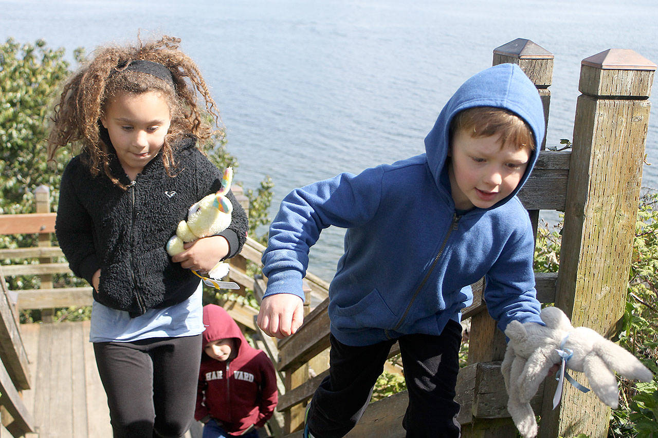 Evan Thompson / The Record — Matiyah Frasca, Wyatt Walsh and Beckett Walsh scavenged Langley’s nooks and crannies in search of stuffed bunnies during the 2017 Langley Bunny Daze Rabbit Hunt on Saturday.