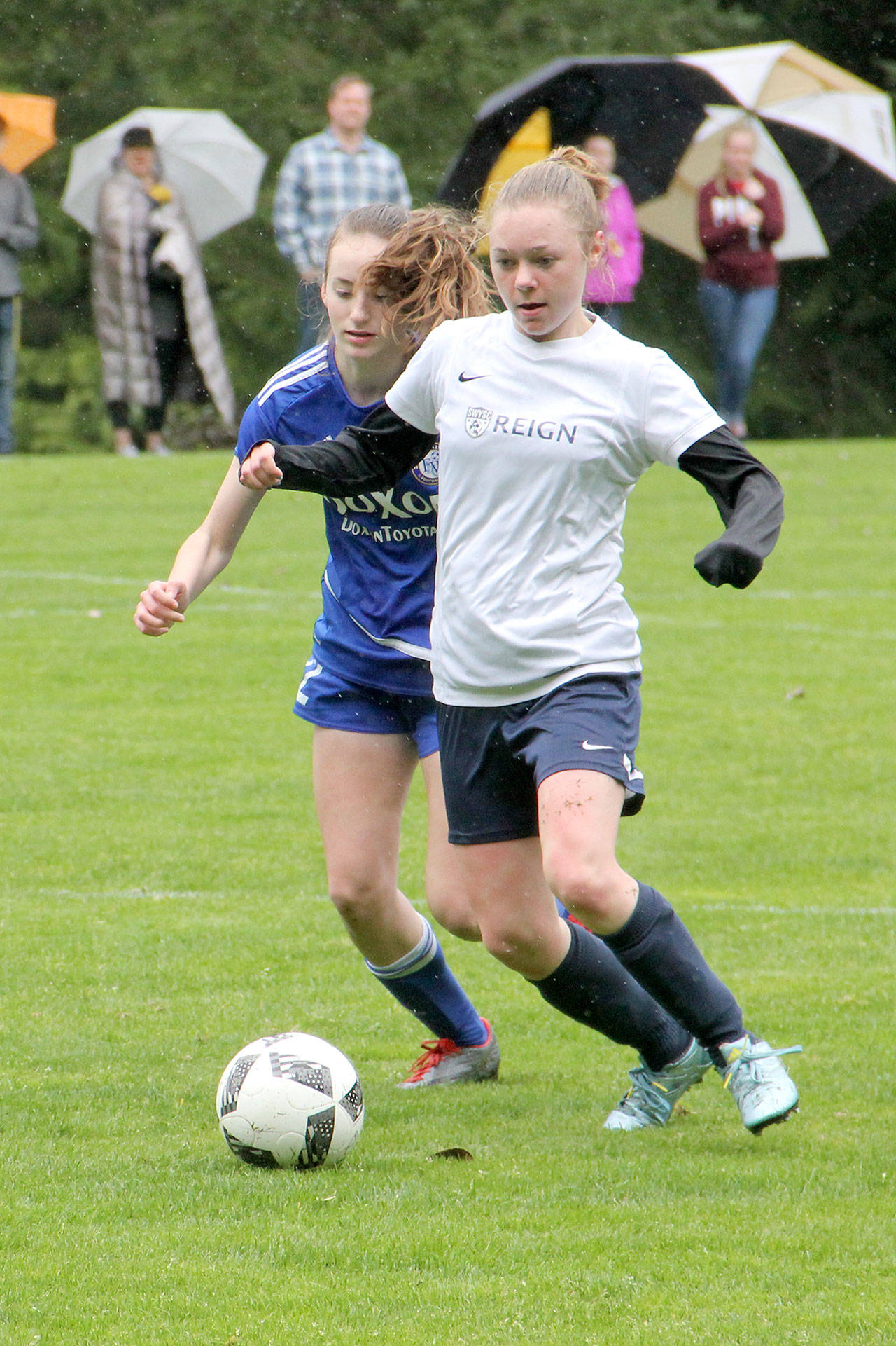 Contributed photo — South Whidbey Reign’s Mallory Drye maneuvers with the soccer ball during the Washington Youth Soccer President’s Cup.