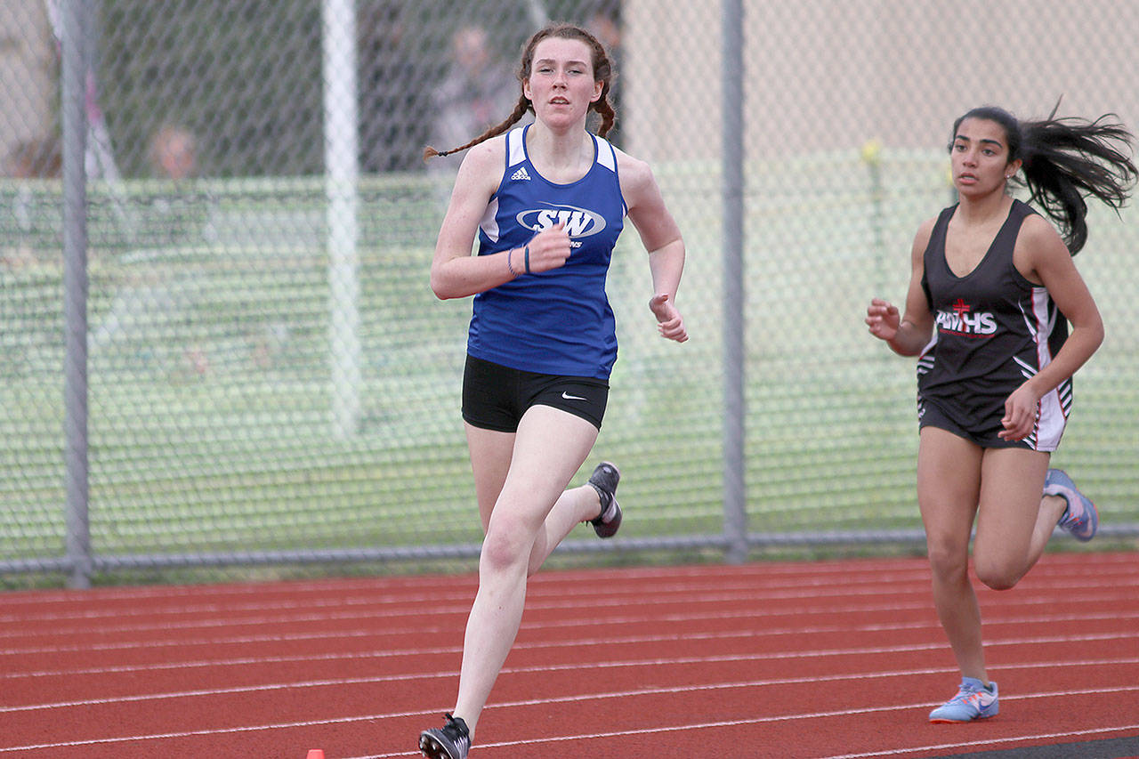 Matt Simms photo — South Whidbey junior Elizabeth Donnelly won the 800-meter Cascade Conference title for the third consecutive time at the league championships on May 5 at Cedarcrest High School.