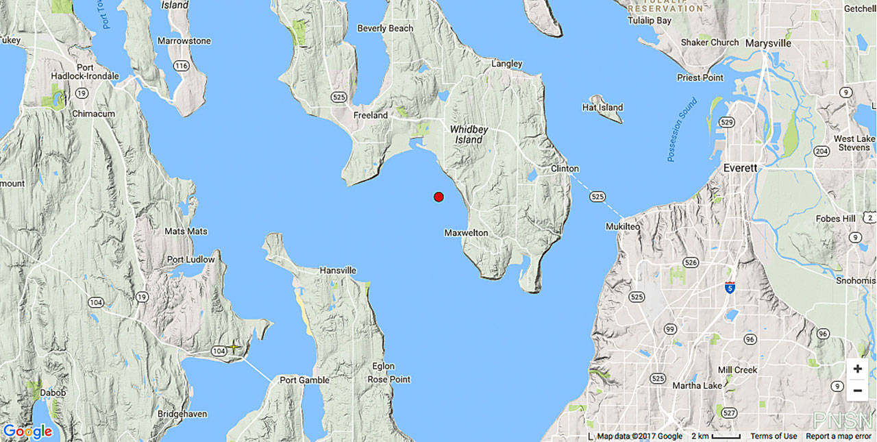 Photo courtesy of Pacific Northwest Seismic Network &mdash; A 3.4 earthquake hit in Useless Bay Thursday morning, being felt by residents from Freeland to Langley.