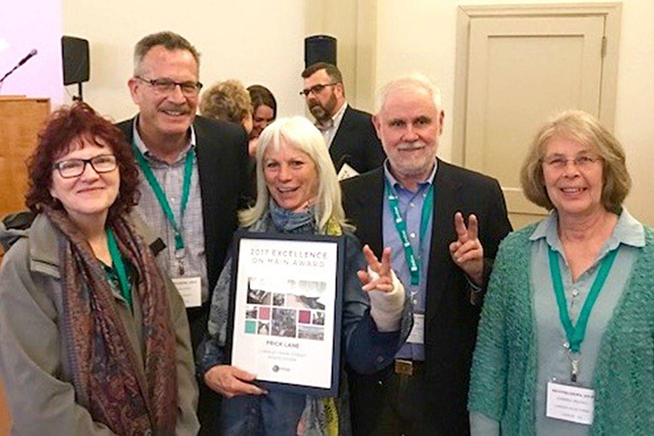 Contributed photo — The Langley Main Street Association’s revitalization of Frick Lane led to a statewide award in April. From left to right: Sharon Lundahl, Mayor Tim Callison, Janet Ploof, Fred Lundahl and Lorinda Kay.