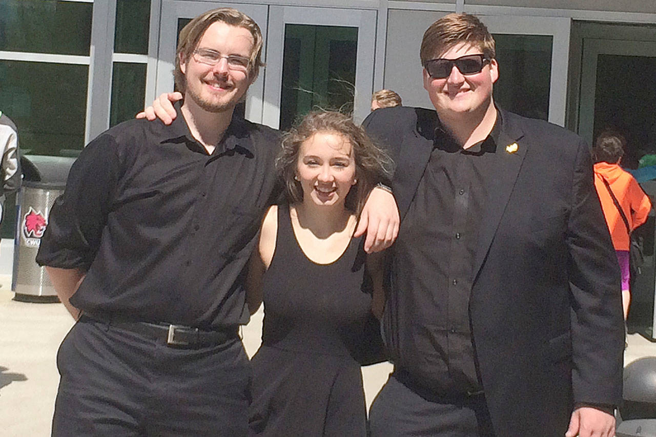 Contributed photo — South Whidbey High School band students Liam Twomey, Kari Hustad and Alec Chinnery placed first in the small brass ensemble category at the Washington Music Educator’s Association (WMEA) solo and ensemble contest on April 28 at Central Washington University.