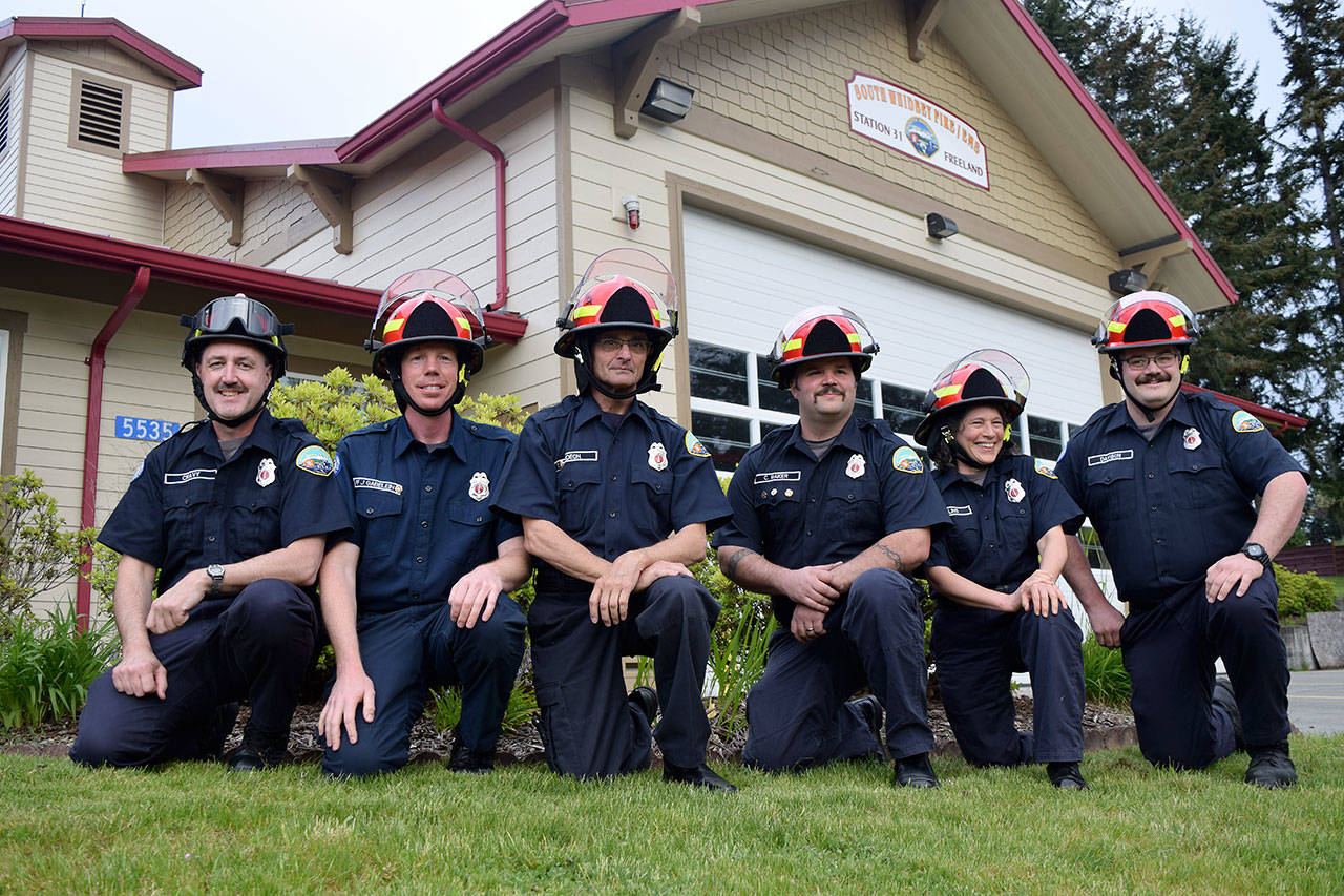Kyle Jensen / The Record — The new South Whidbey Fire/EMS lieutenants from left to right: Jeff Cravy, Jon Gabelein, Tom Gideon, Chuck Baker, Anne Collins and Brent Davison.