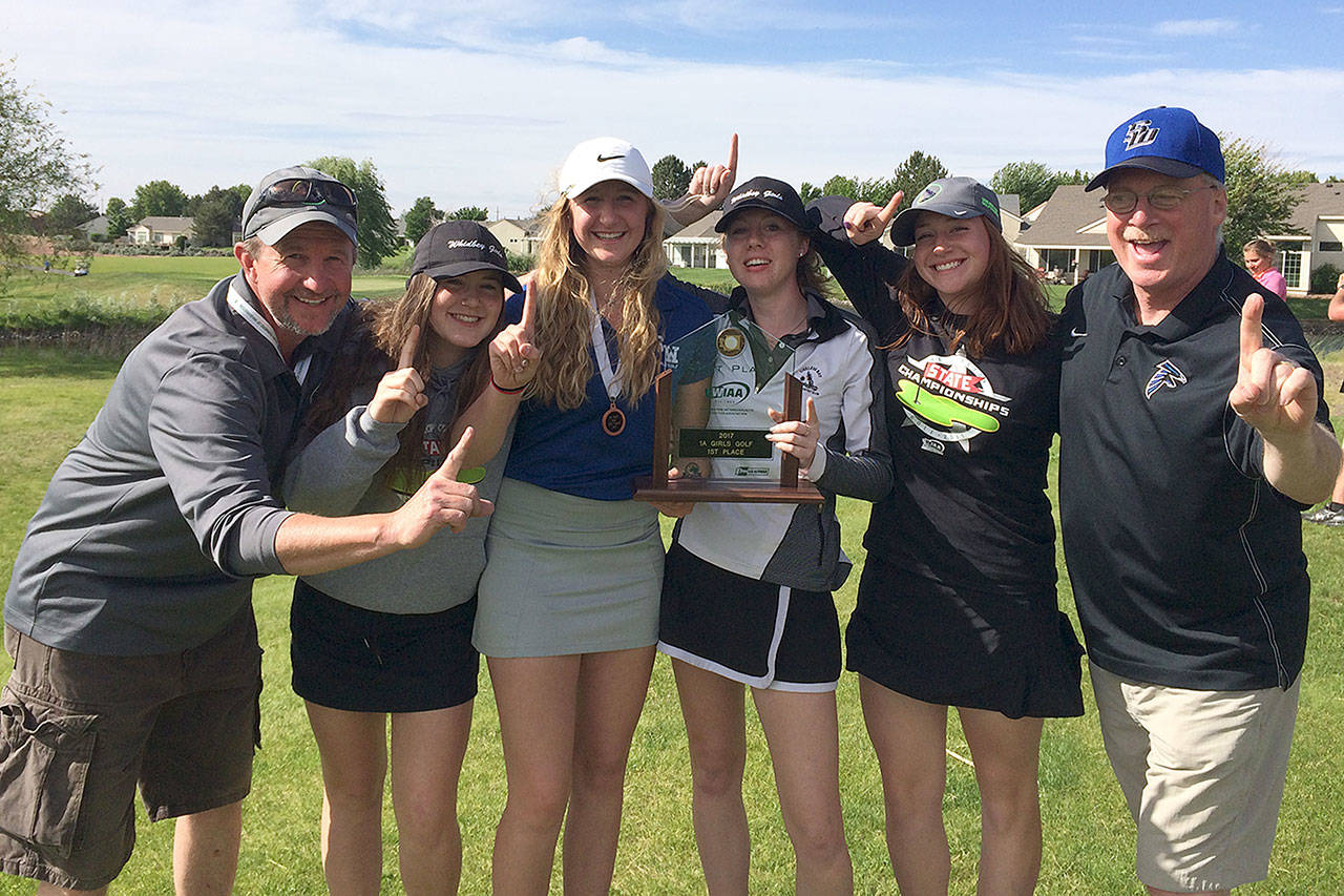 Contributed photo — South Whidbey girls golf won the class 1A state championship on Wednesday afternoon at Sun Willows Golf Course in Pasco. From left to right: Head coach Garth Heggenes, Chloe Johnson, Kolby Heggenes, Riley Yale, Emily Turpin and athletic director Paul Lagerstedt.