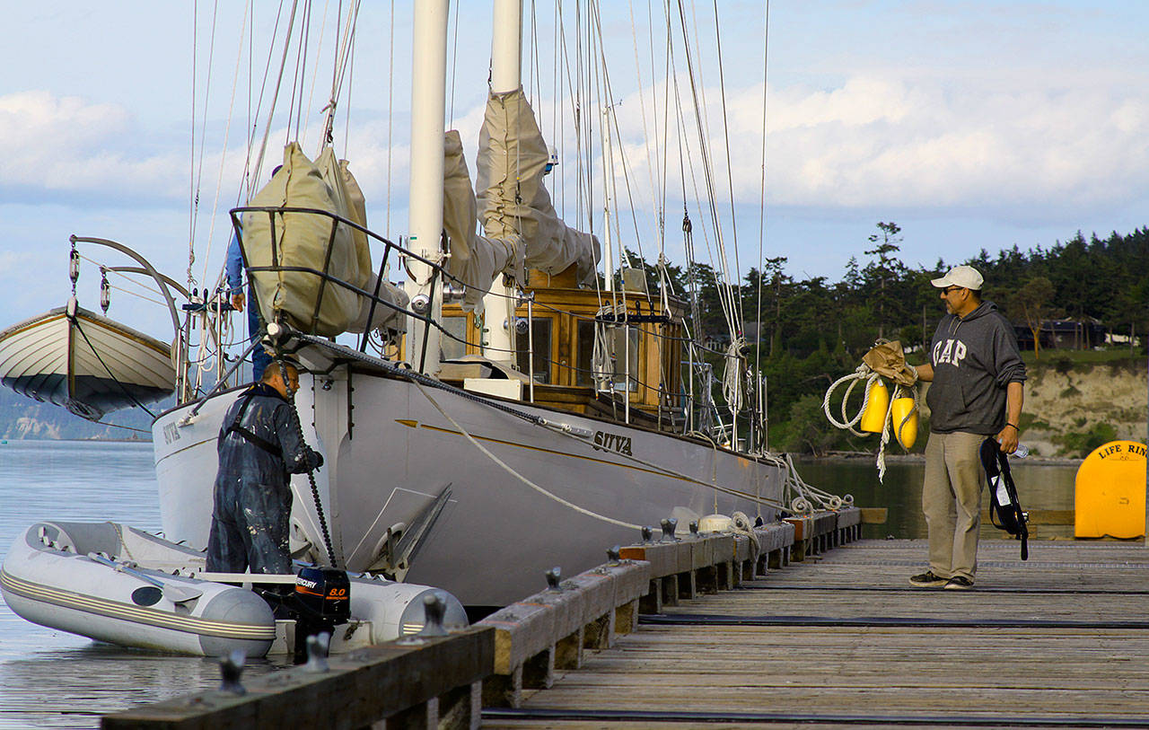 Ron Newberry / Whidbey News Group — The 1925 schooner Suva moored at the Coupeville Wharf under gentler conditions Wednesday, May 24, 2017. A night earlier, the Suva broke free from her mooring during a nasty wind storm and ended up approaching the rocks across Penn Cove near Bowers Bluff. Mark Saia, the Suva’s captain, got in an inflatable tender at the wharf and raced across the cove despite heavy gusts, high waves and increasing darkness to rescue the boat from the rocks.