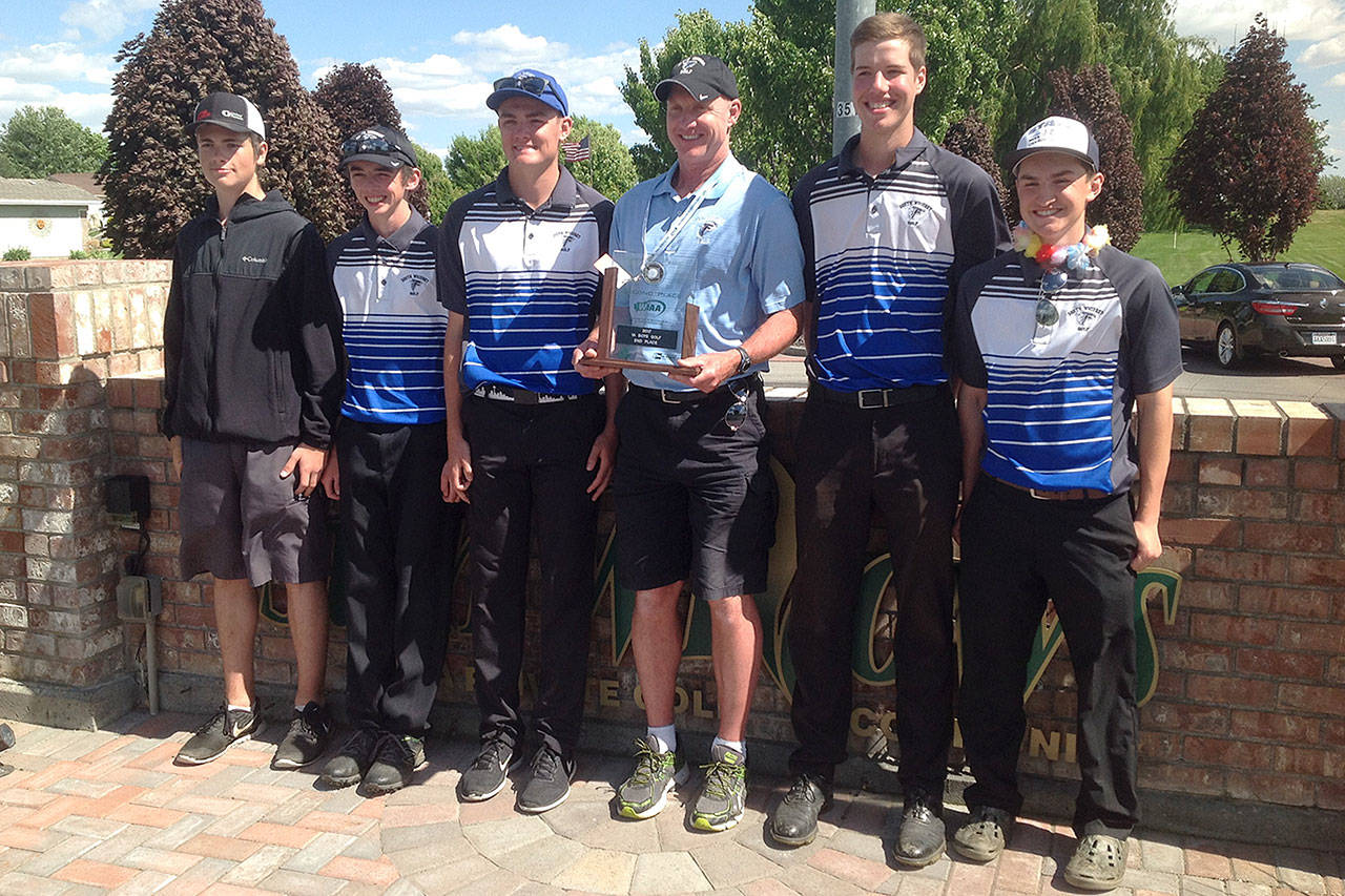 Contributed photo — South Whidbey boys golf finished second in the class 1A state championships on Wednesday at Sun Willows Golf Course in Pasco. From left to right: Gabe Jacobson-Ross, Ian Saunsaucie, Thorin Helmersen, head coach Steve Jones, Anton Klein and Ryan Wenzek.