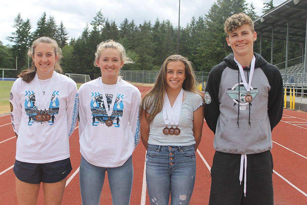 Evan Thompson / The Record &mdash; Four South Whidbey track and field athletes placed in the top eight at the class 1A state championships on May 25 and 27 at Eastern Washington University in Cheney. From left to right: Bailey Forsyth, Emma Barker, Sophia Nielsen and Romey Rohde.
