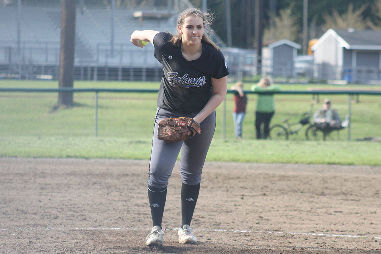 Evan Thompson / The Record                                 South Whidbey junior Mackenzee Collins winds up for a pitch during a regular season game against Sultan in May. Collins is pitching for the Washington Ladyhawks this summer and will participate in several national competitions.