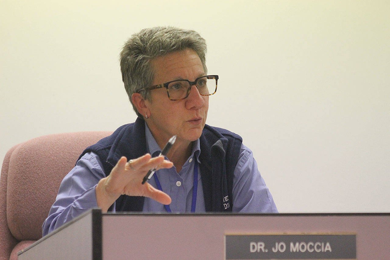 Evan Thompson / The Record — The South Whidbey School Board approved a 3.15 percent raise for Superintendent Jo Moccia at its workshop meeting on Wednesday night at South Whidbey Elementary School.