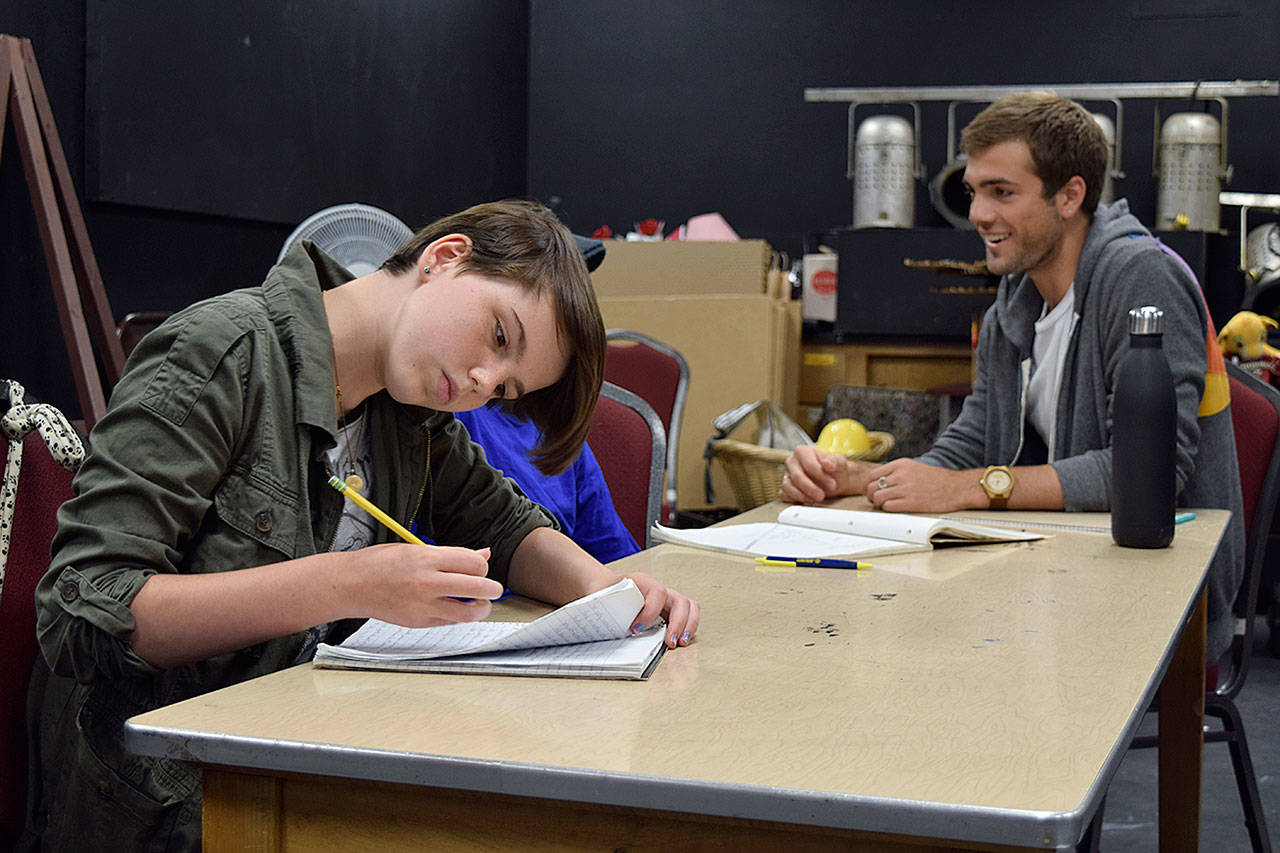 Kyle Jensen / The Record &mdash; Lauren Honold, 13, puts finishing touches on act three of her play in the screenwriting session. Behind, Ty Molbak discusses story ideas with another student.