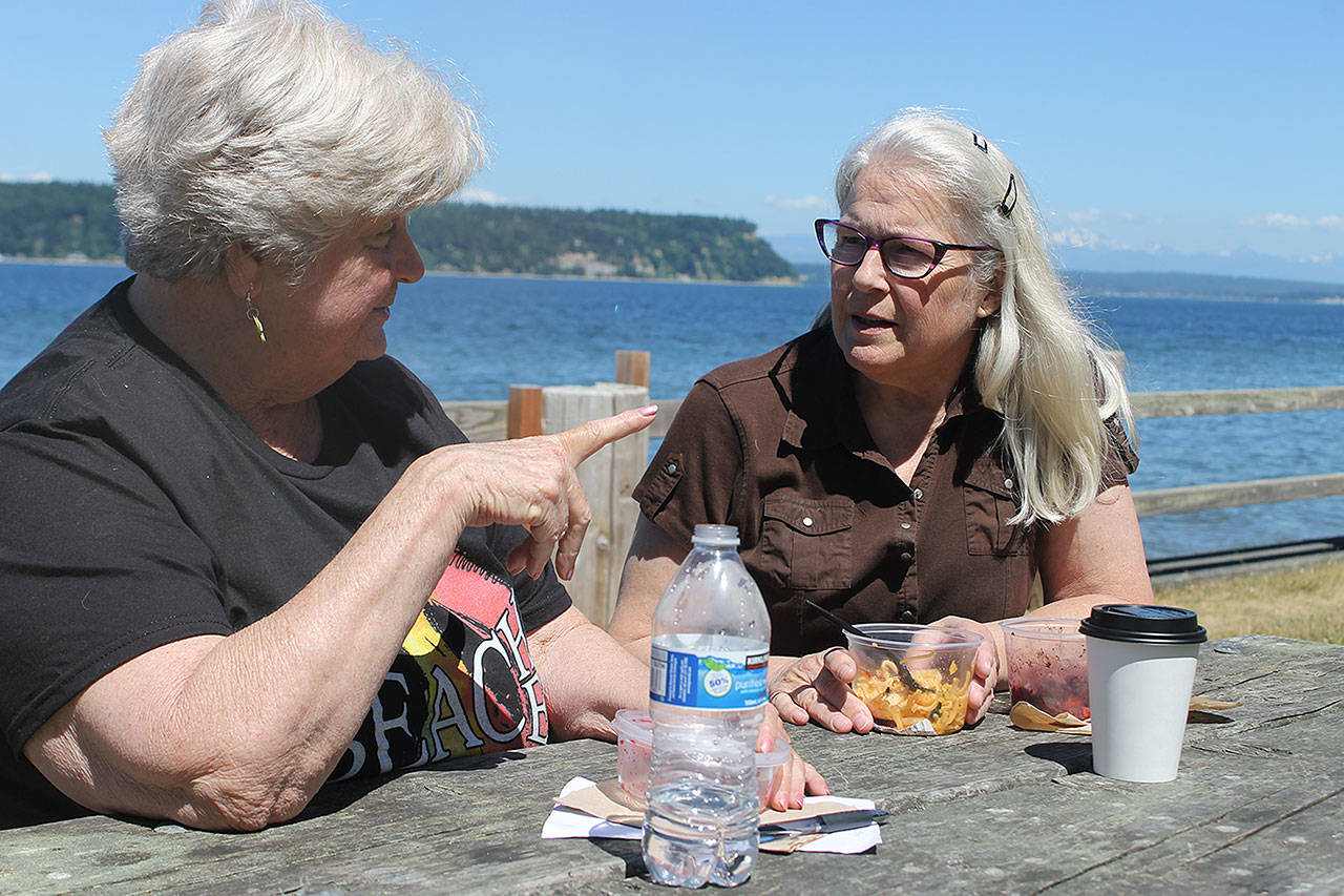 Evan Thompson / The Record — Carole Riggin of Clinton (left) and Langley resident Louise Richardson (right) enjoy a lunch at Seawall Park on June 22 with the Saratoga Passage in the background. The Seawall Park Ad Hoc Committee recommended a theme of ‘natural beauty’ for the park.