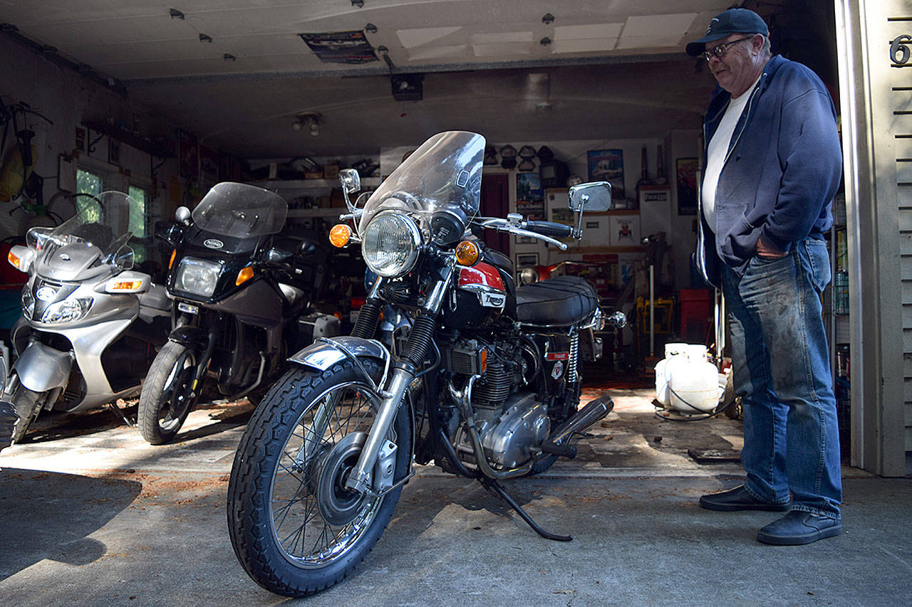 Kyle Jensen / The Record — Maxwelton valley resident Bob Brown is entering his 1973 Triumph Trident into the Cool Bayview Nights Car Show. It’s one of multiple motorcycles he owns, but his prized possession.
