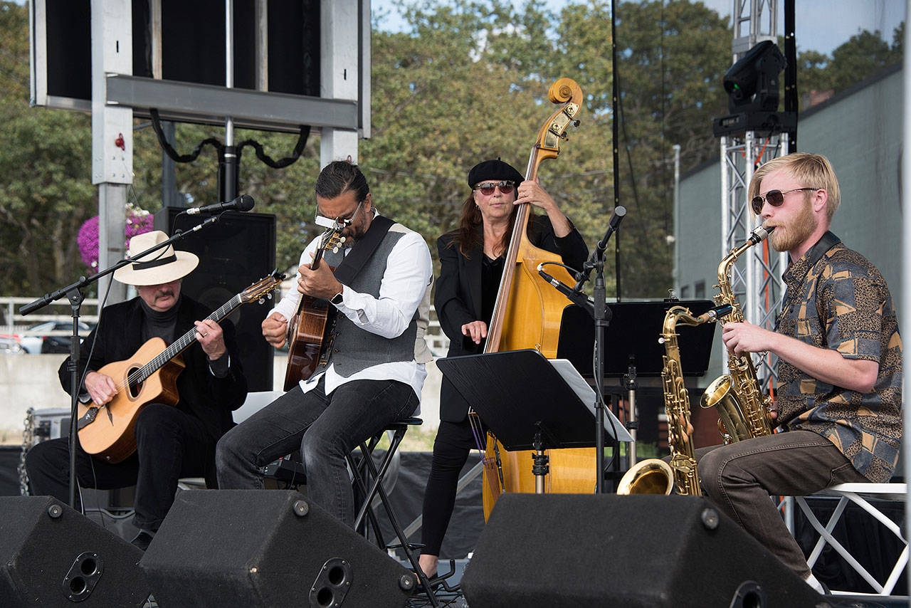 Contributed photo — Hot Club of Troy perform at the 2016 Oak Harbor Music Festival. Right to left: Vanderbilt-Matthews, Kristi O’Donnell, Troy Chapman and Keith Bowers.