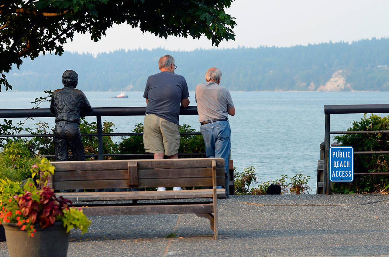 Justin Burnett / The Record — Freeland resident Scott Martin and Rick Plank of West Seattle enjoy the view of Saratoga Passage at Boy and Dog Park in Langley. The city is installing a telescope there and two other spots overlooking the waterfront.